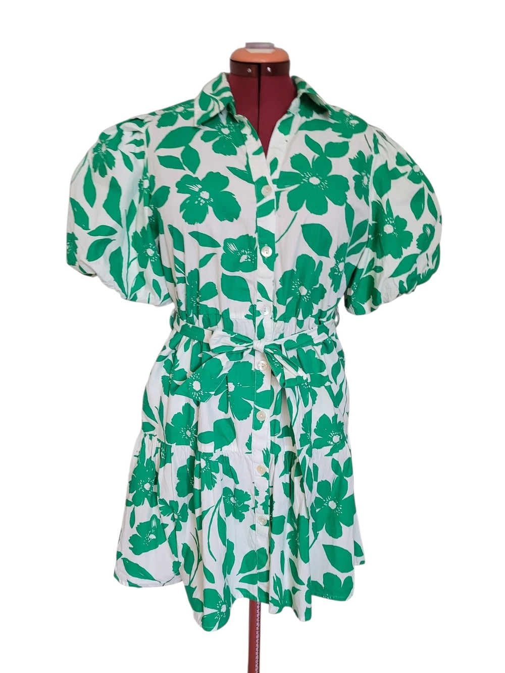 100% Cotton Jessica Simpson Green & White Floral Puff Sleeve Shirt Dress Large